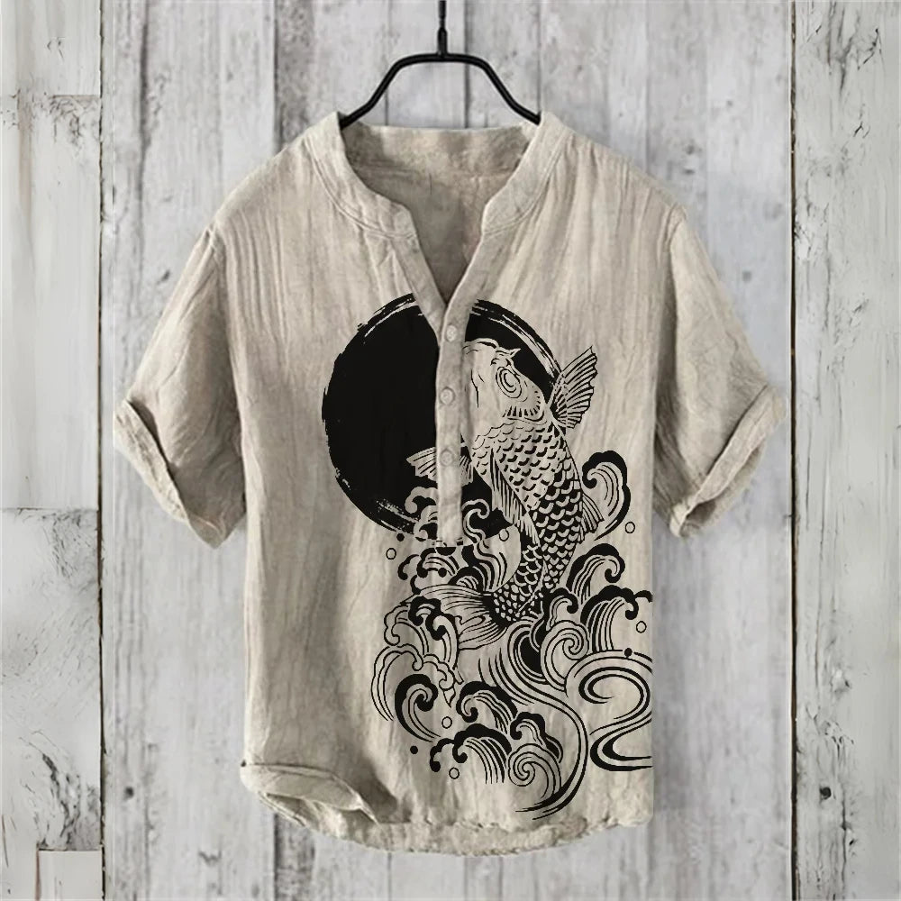 Men's short-sleeved POLO shirt linen blended clothing Japanese retro carp print comfortable casual summer large size men's tops