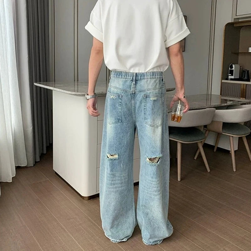 Men's Ripped Washed Straight Wide-leg Jeans Y2K Streetwear Cleanfit Blue Baggy Denim Pants Hip Hop Punk Fashion Jean Trousers