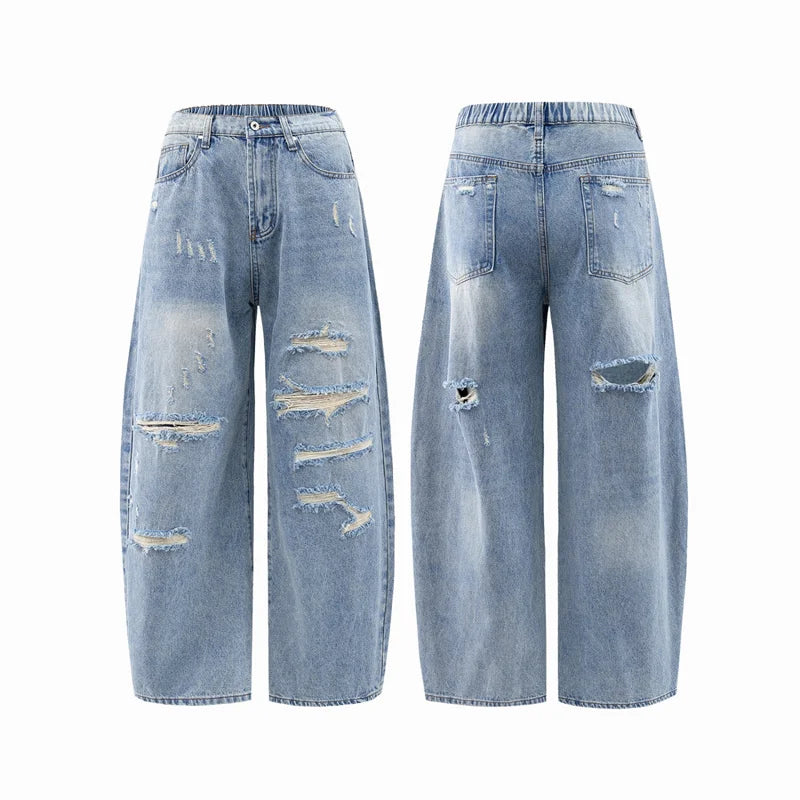 Men's Ripped Washed Straight Wide-leg Jeans Y2K Streetwear Cleanfit Blue Baggy Denim Pants Hip Hop Punk Fashion Jean Trousers
