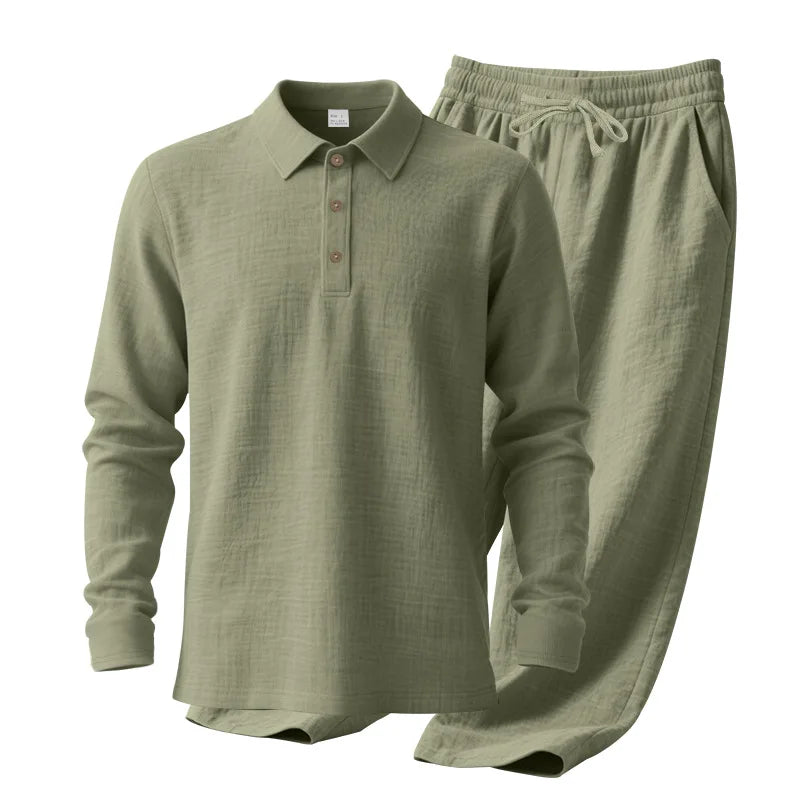 2026 Cross-border Spring and Autumn Linen Men's Casual Loose Simple Polo Shirt Long Sleeve Pants Two-piece Set