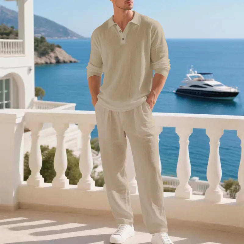 2026 Cross-border Spring and Autumn Linen Men's Casual Loose Simple Polo Shirt Long Sleeve Pants Two-piece Set