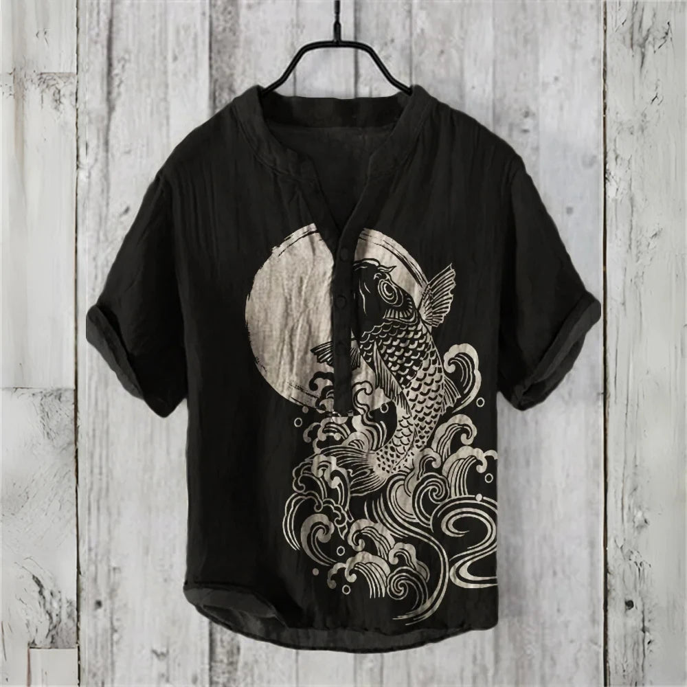 Men's short-sleeved POLO shirt linen blended clothing Japanese retro carp print comfortable casual summer large size men's tops