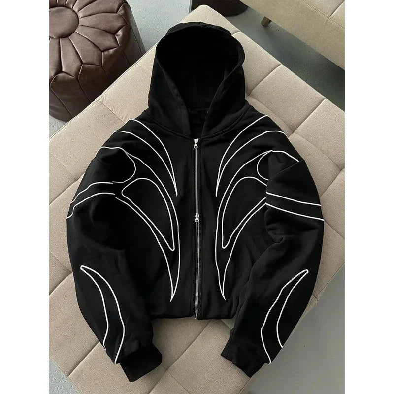 Street Retro Fashion Clothing Striped Embroidered Black Double Zipper Hoodie American Hip-hop Punk Oversized Sweatshirt women