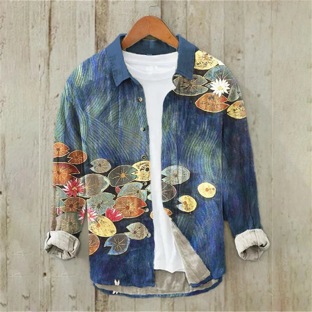 Men's Long Sleeve Shirt Linen Shirt Japanese Retro Ukiyo-e Fashion Street Casual Loose Comfort High Quality Men's Clothing