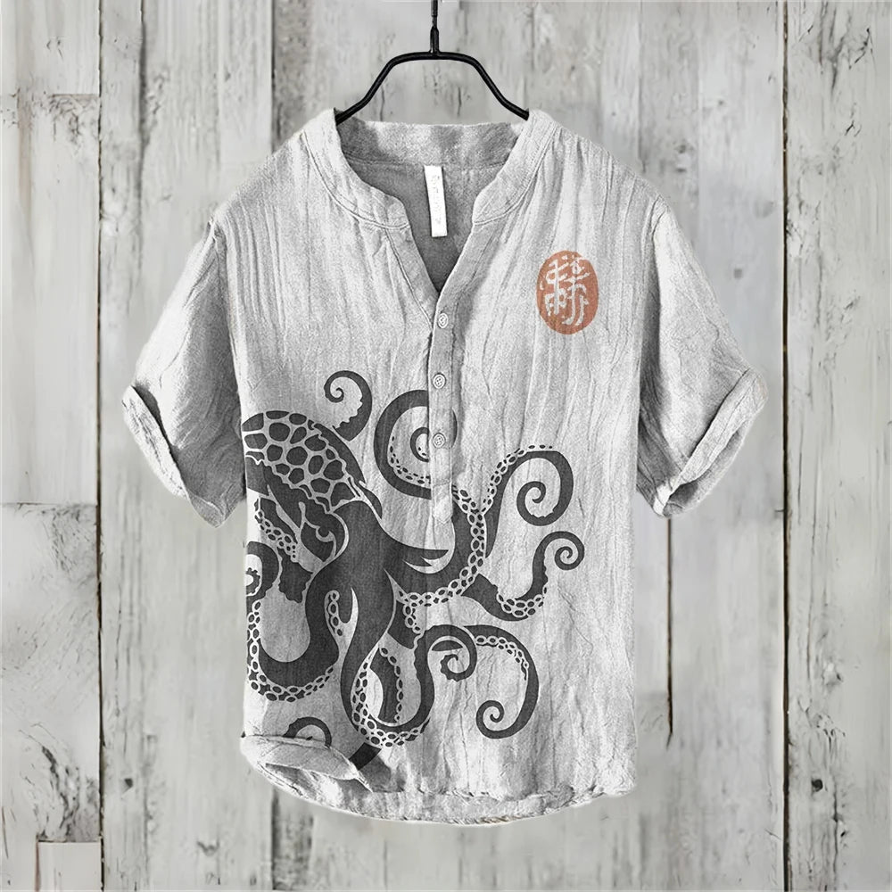 Summer Casual Men's Short Sleeve POLO Shirt Imitation Linen Printed POLO Shirt Maldives Hawaiian Vintage Clothing