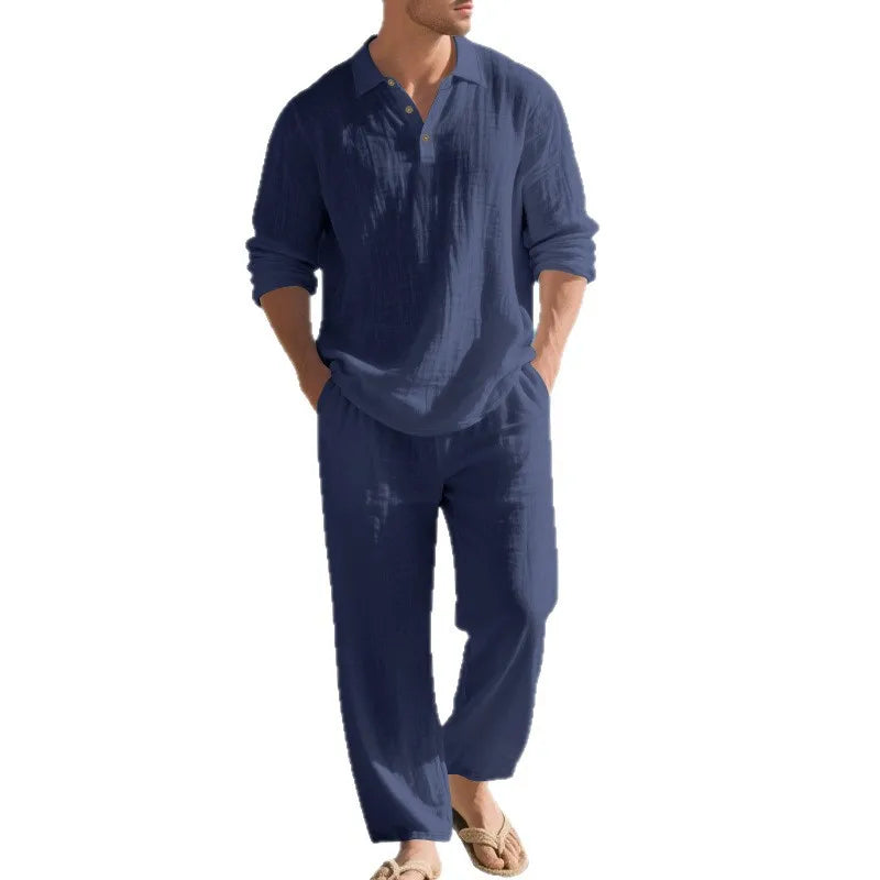 2026 Cross-border Spring and Autumn Linen Men's Casual Loose Simple Polo Shirt Long Sleeve Pants Two-piece Set