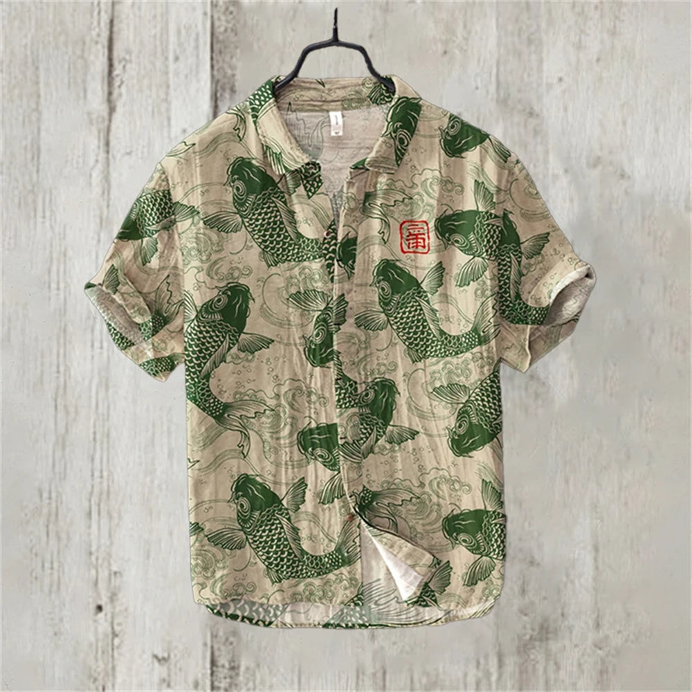Men's Short Sleeve Linen Printed Shirt 2024 Japan Hot Selling Carp Print Holiday Daily Casual Wear Large Size XS-5XL