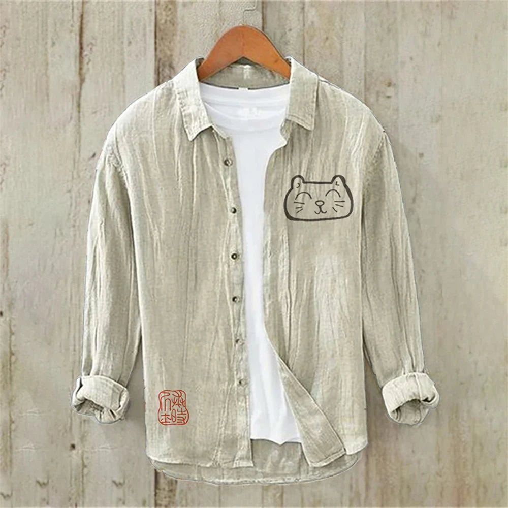 Men's Long Sleeve Shirt Linen Shirt Japanese Retro Ukiyo-e Fashion Street Casual Loose Comfort High Quality Men's Clothing