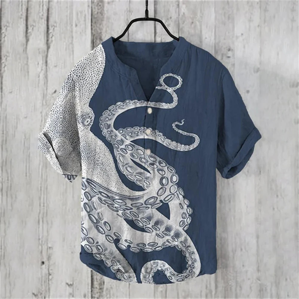2025 New Retro Men's Short Sleeve POLO Shirt Linen Blended Printed Clothing Hawaiian Casual Fashion Large Size Men's Tops