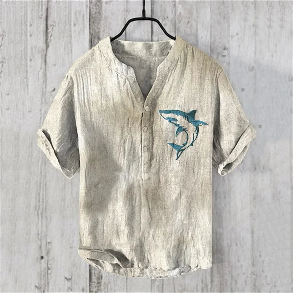 Men's short-sleeved POLO shirt blended linen top Hawaiian vacation great white shark fashion print Comfortable men's clothing