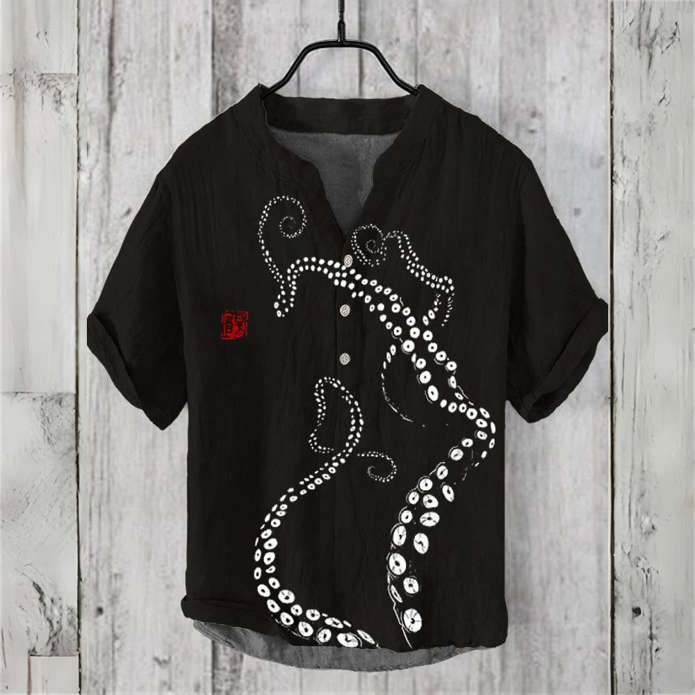 Summer Casual Men's Short Sleeve POLO Shirt Imitation Linen Printed POLO Shirt Maldives Hawaiian Vintage Clothing
