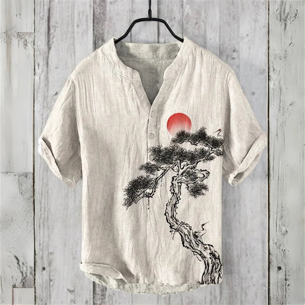 Men's short-sleeved POLO shirt imitation linen POLO shirt 2025 new welcome pine retro print casual Hawaiian men's clothing