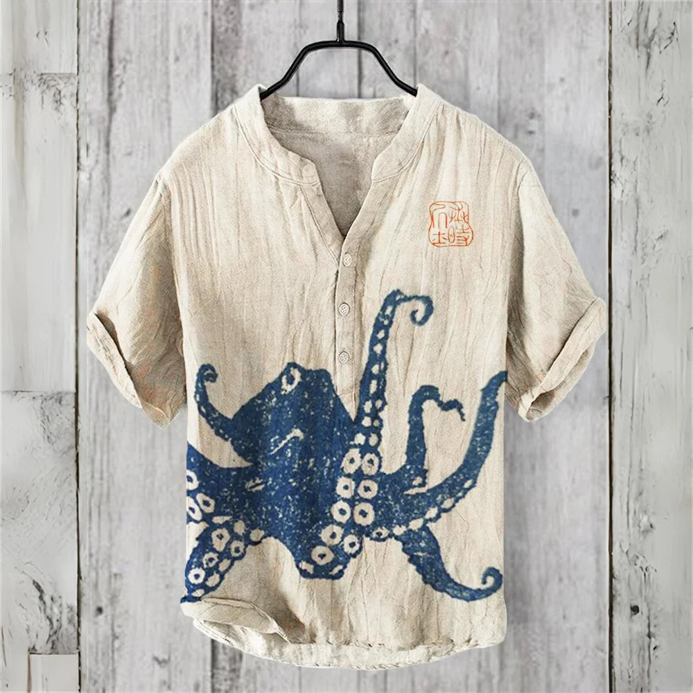 Summer Casual Men's Short Sleeve POLO Shirt Imitation Linen Printed POLO Shirt Maldives Hawaiian Vintage Clothing