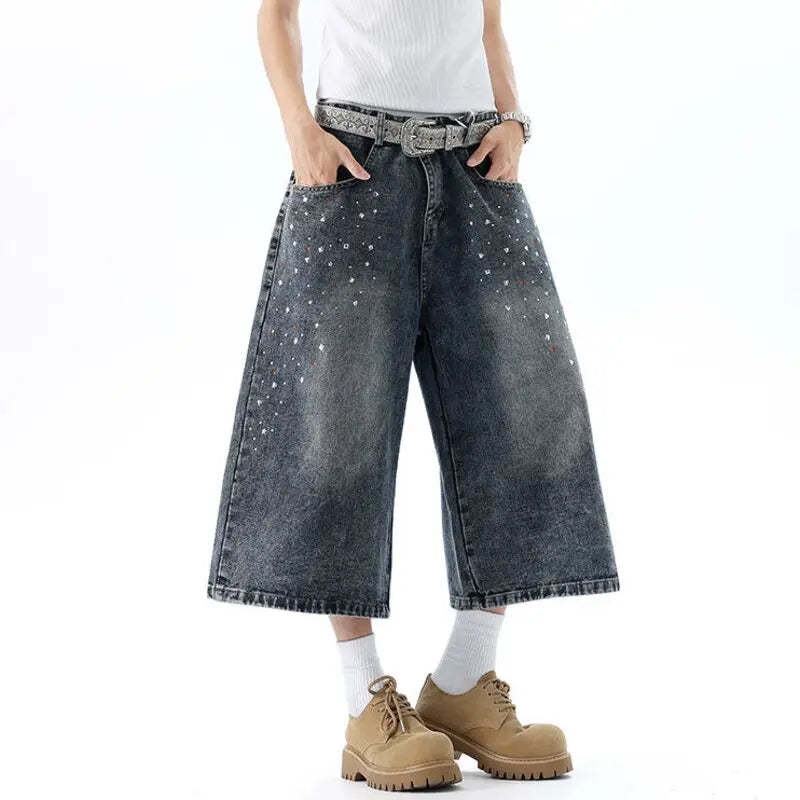 BTNY Men's Jorts American Rhinestone-Embellished Denim Shorts New Trendy Men Clothing Niche Design Capri Pants Summer P604