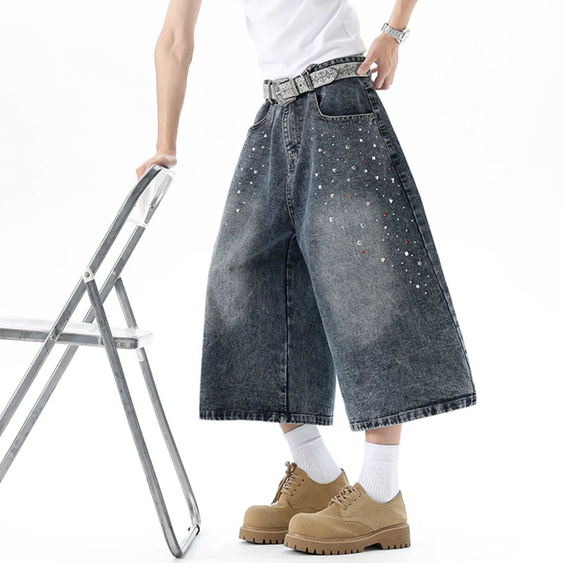 BTNY Men's Jorts American Rhinestone-Embellished Denim Shorts New Trendy Men Clothing Niche Design Capri Pants Summer P604