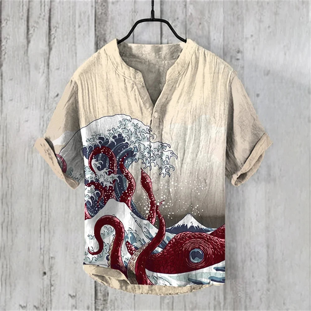 Summer Casual Men's Short Sleeve POLO Shirt Imitation Linen Printed POLO Shirt Maldives Hawaiian Vintage Clothing
