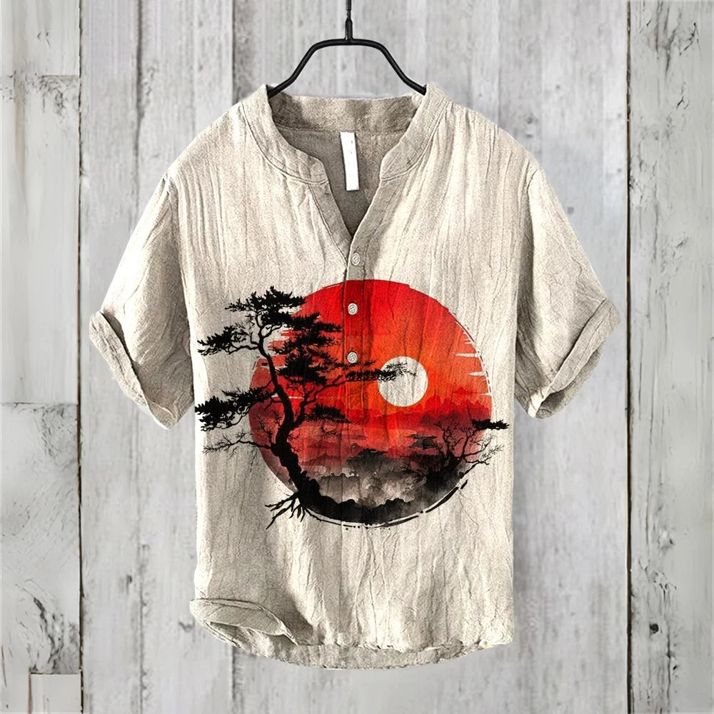 Men's short-sleeved POLO shirt imitation linen POLO shirt 2025 new welcome pine retro print casual Hawaiian men's clothing