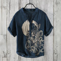 Men's short-sleeved POLO shirt linen blended clothing Japanese retro carp print comfortable casual summer large size men's tops