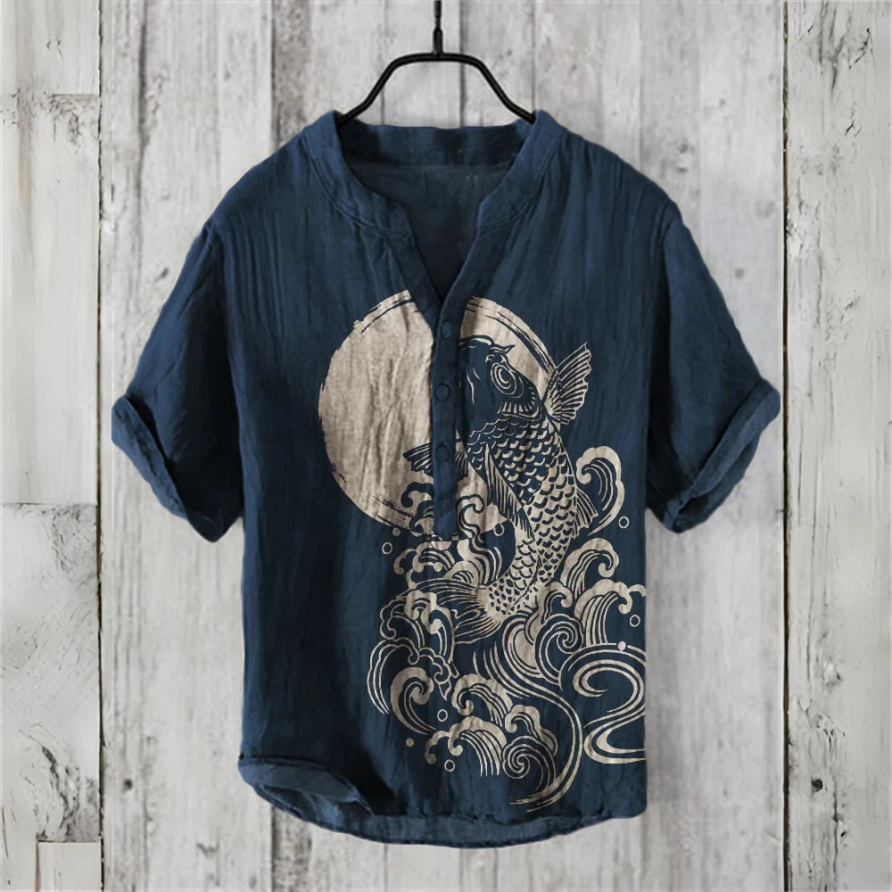 Men's short-sleeved POLO shirt linen blended clothing Japanese retro carp print comfortable casual summer large size men's tops