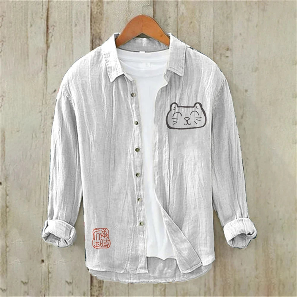 Men's Long Sleeve Shirt Linen Shirt Japanese Retro Ukiyo-e Fashion Street Casual Loose Comfort High Quality Men's Clothing