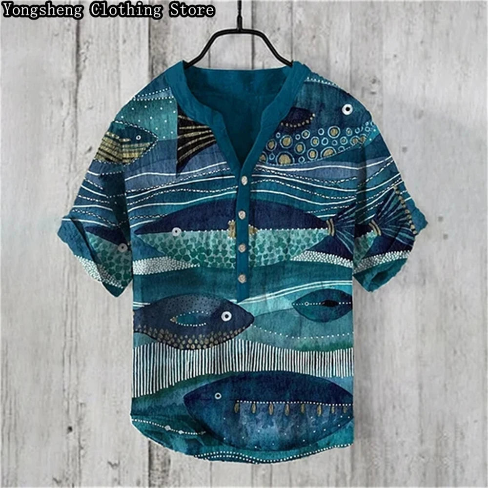 Men's Linen Print Casual POLO Shirt Short Sleeve 2024 New Ocean Whale Print Vacation Business Travel Large Size Plus Clothing